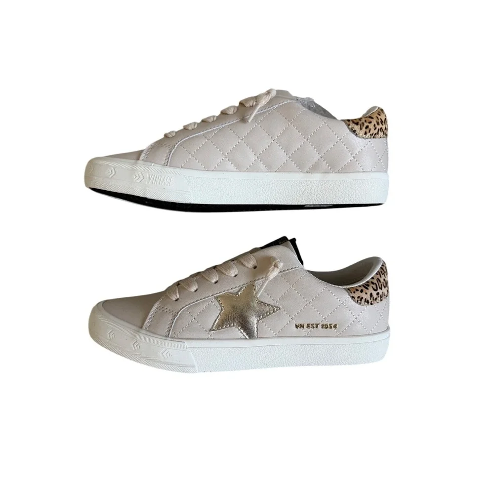 Vintage Havana Womens Quilted Star Sneakers Cream Gold Leopard‎ Size 8.5 NEW